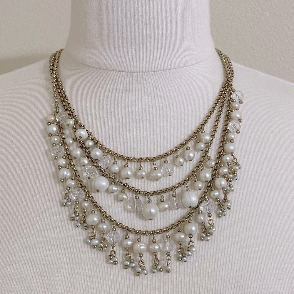 Dillards Gold-tone Faux Pearl and Crystal 3 Strand Bib Collar Necklace
